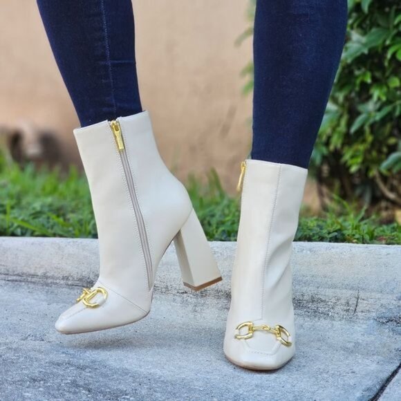 Women Square Toe Chain Bit Buckle Block Heel Bootie White Color - Picture 1 of 7